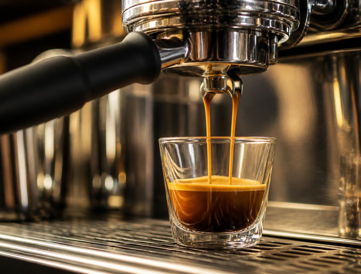 Primer plano de una máquina de espresso extrayendo dos hilos de café en un vaso de cristal